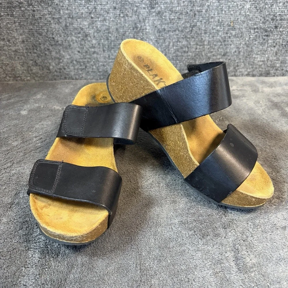 Plakton Leather Wedge Sandals Womens 41 Black Platform Slide Cork Spain Comfort
